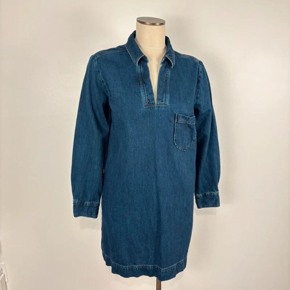 LOFT Outlet Womens M Denim Blue Dress 100% Cotton V-Neck Long Sleeve Pockets
